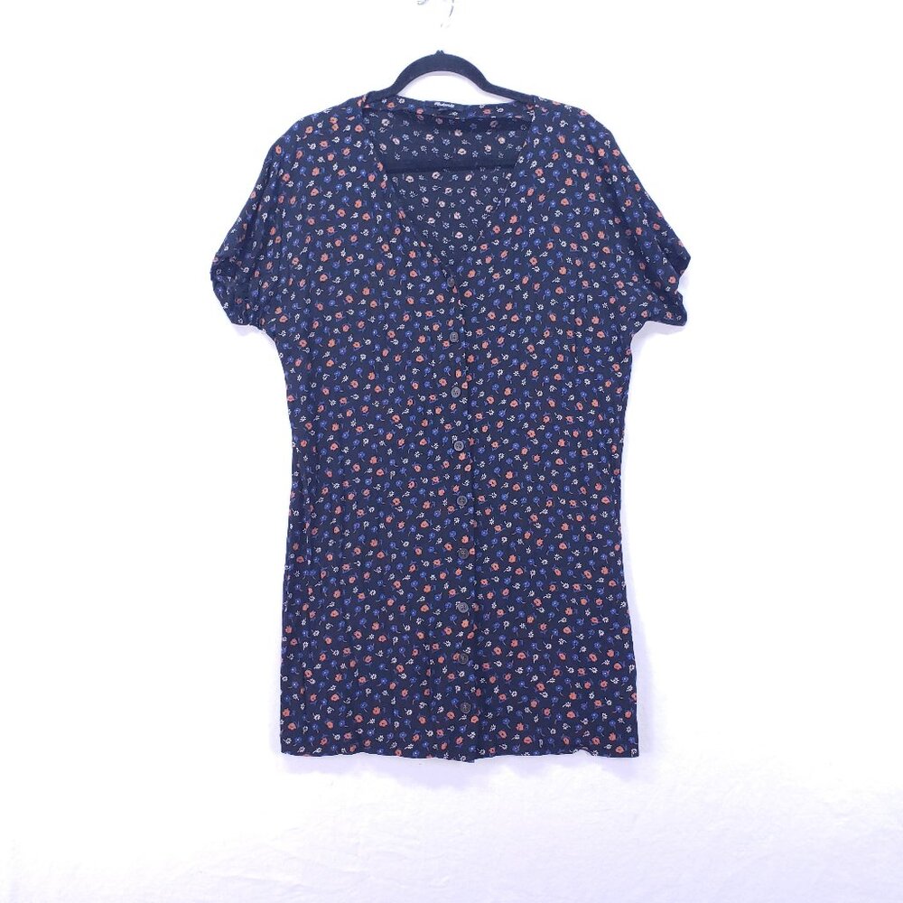 Madewell Button Mini Shirt Dress Sz XS Black Floral V Neck Relaxed Women's Boho